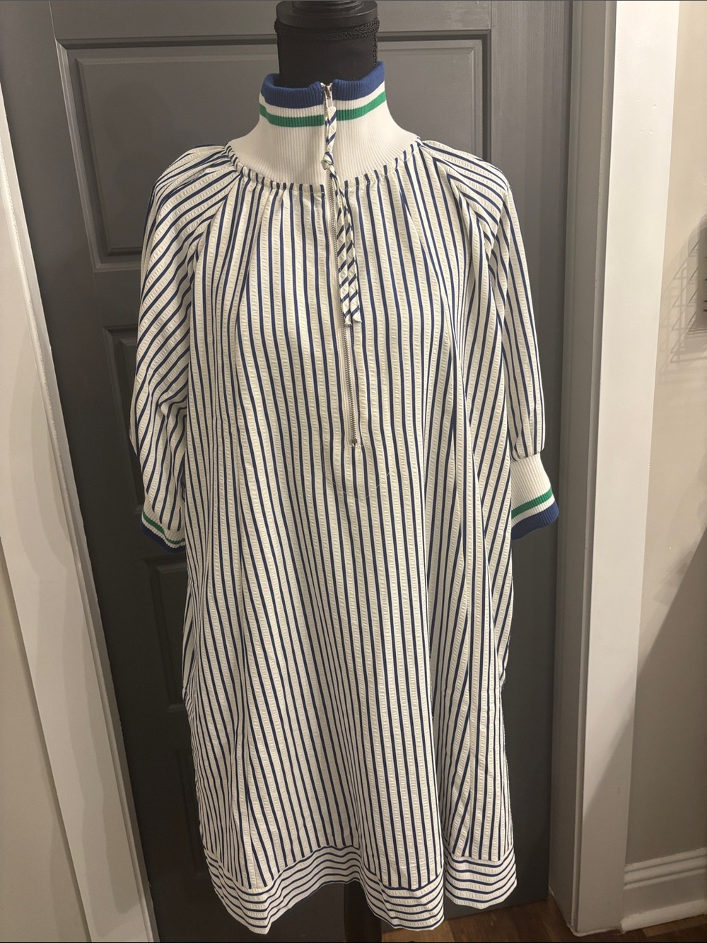 Blue and White Striped Casual Knit Dress with Green-Trim Collar